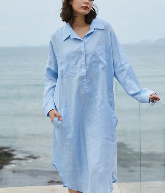 Cozinen Dresses & Skirts - Cozinen Long Sleeve Midi Shirt Dress Half Button Front Loose Fit Blue Womens XL